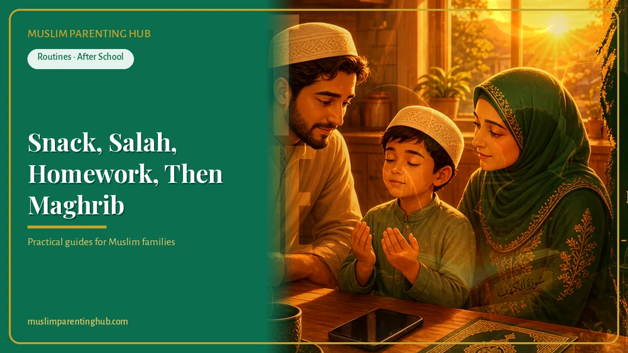 Muslim family at a table with Quran and snacks in golden afternoon light — cover