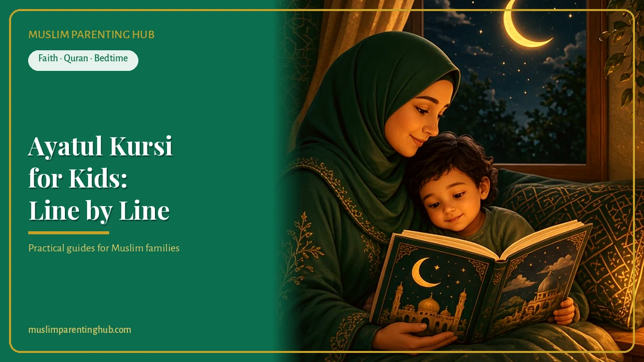 A Muslim mother reading to her child at bedtime under a crescent moon window in warm golden lamplight — cover