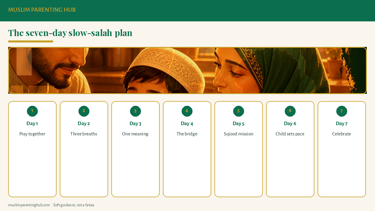 Seven-day slow-salah plan for kids: pace, three breaths, meanings, bridge, sujood dua, praise, review