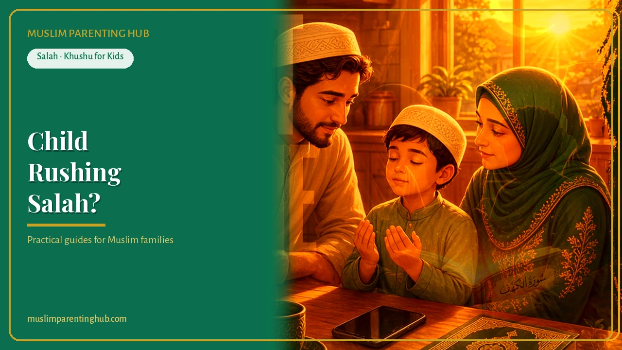 Muslim father, mother and son praying together calmly at home