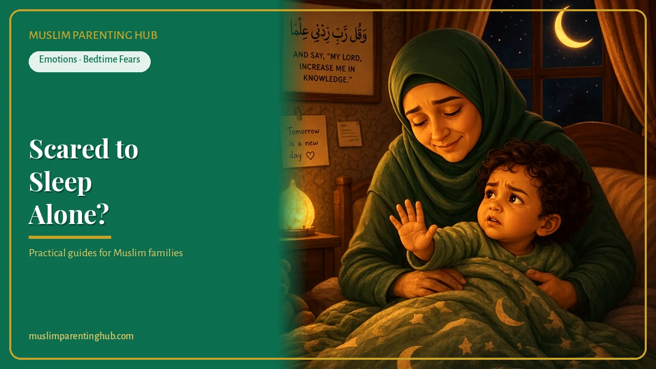 Muslim mother comforting her young child at bedtime by lamplight