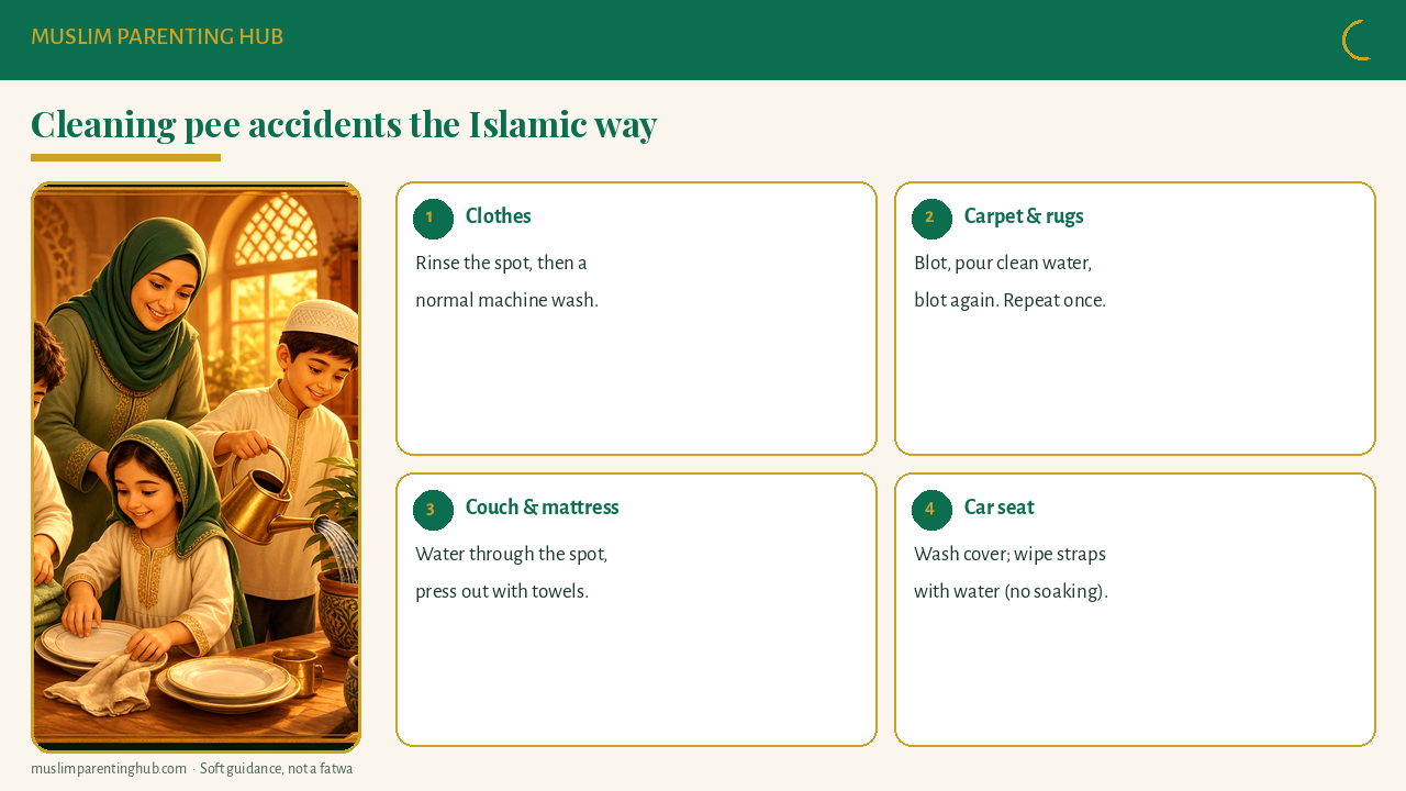 Islamic cleaning steps for pee accidents by surface