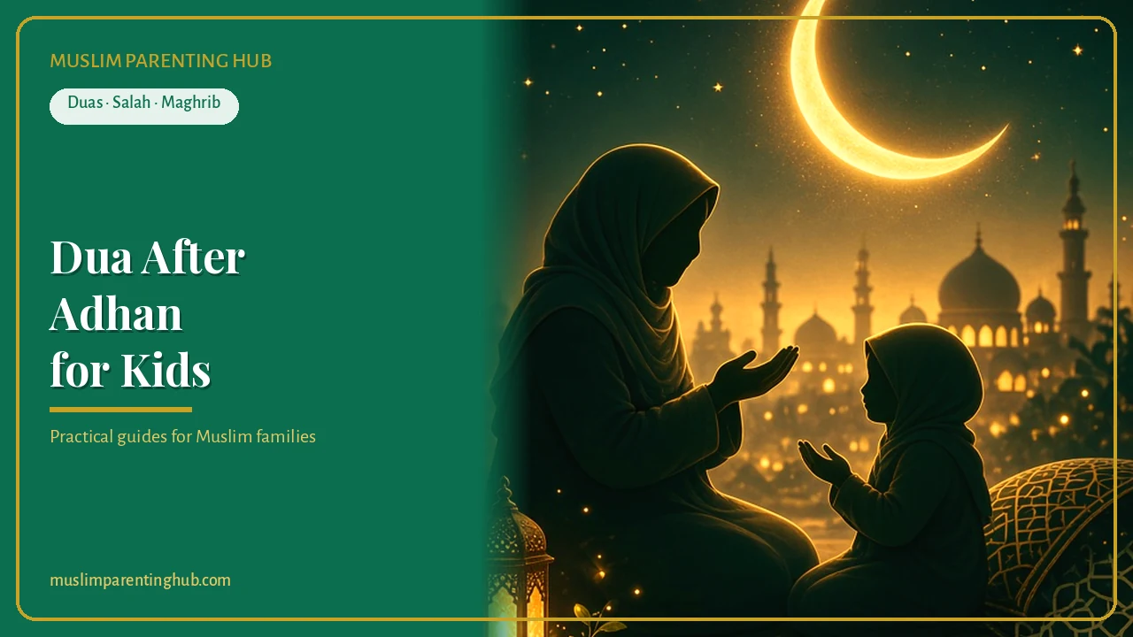 A Muslim mother and child making dua at Maghrib under a crescent moon with a masjid on the skyline — cover