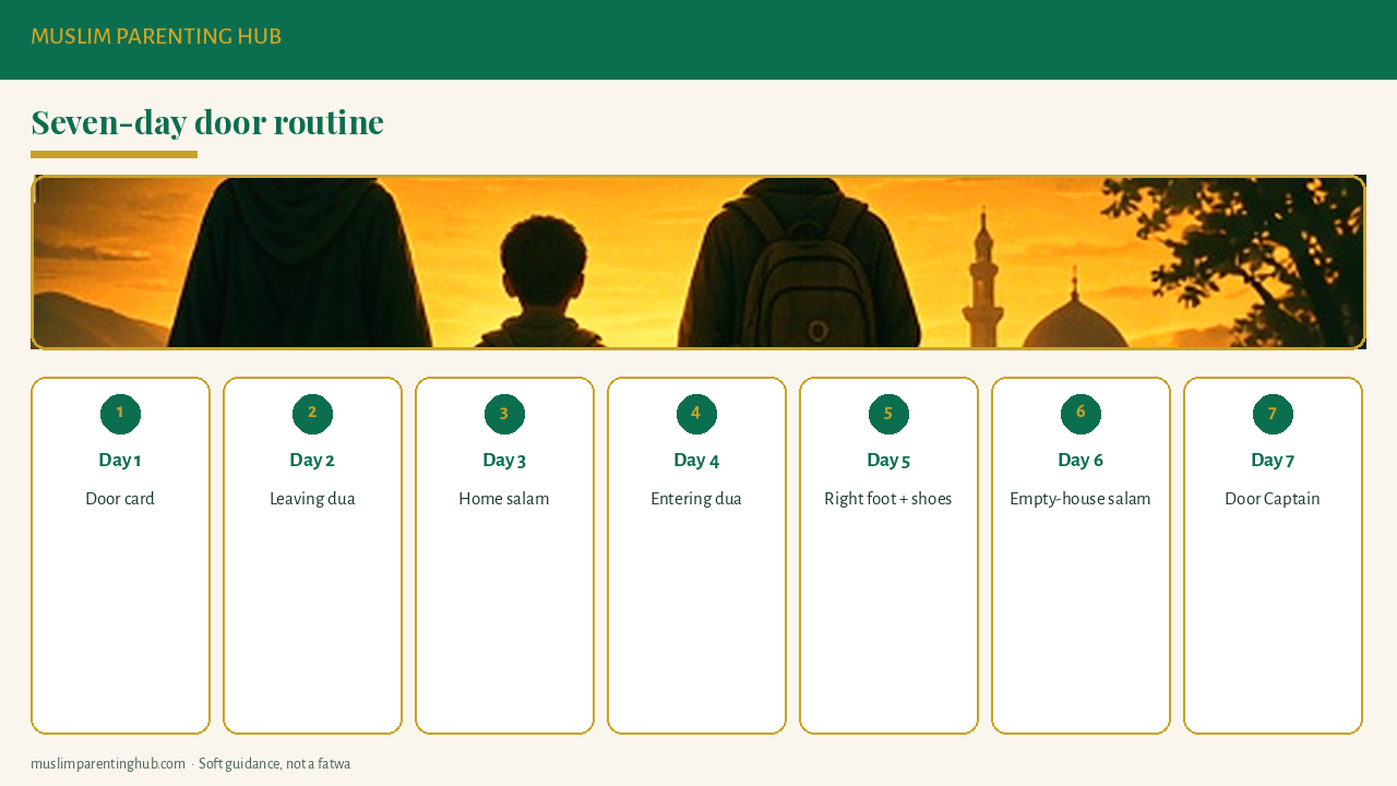 Seven-day door routine for Muslim kids: leaving dua, entering dua, salam and shoes away