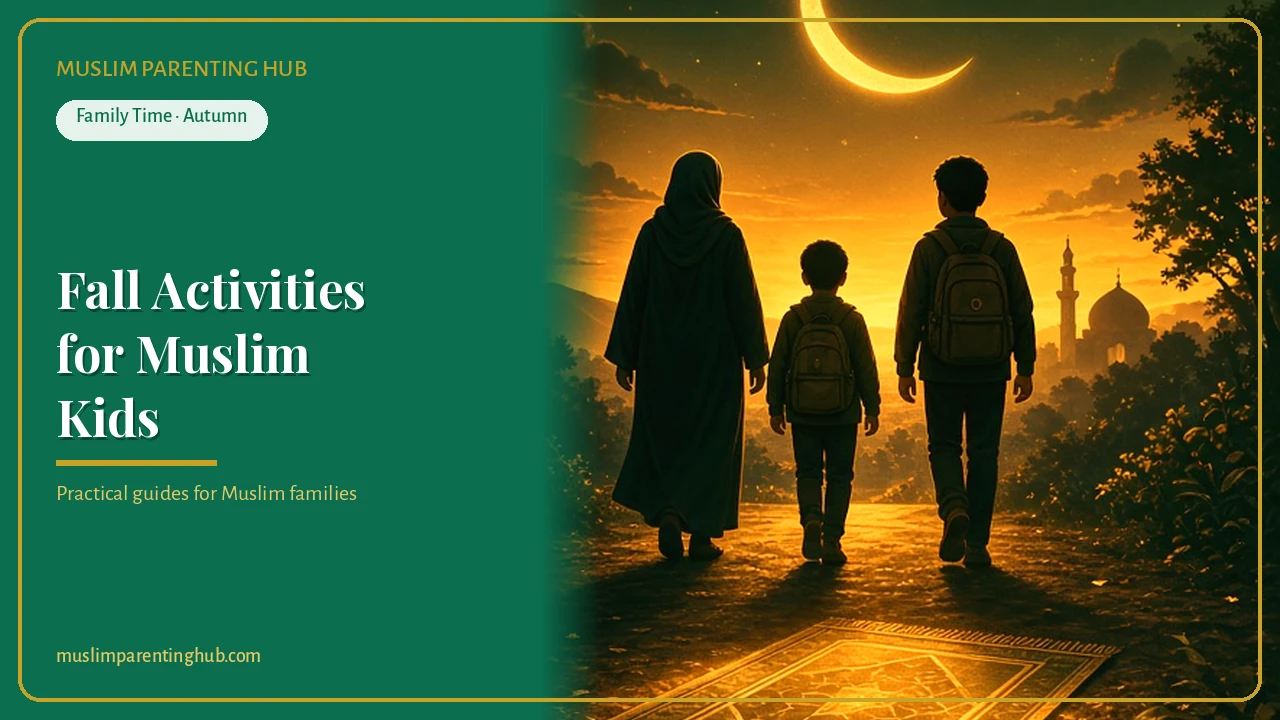 A Muslim family walking together at sunset on an autumn evening — cover