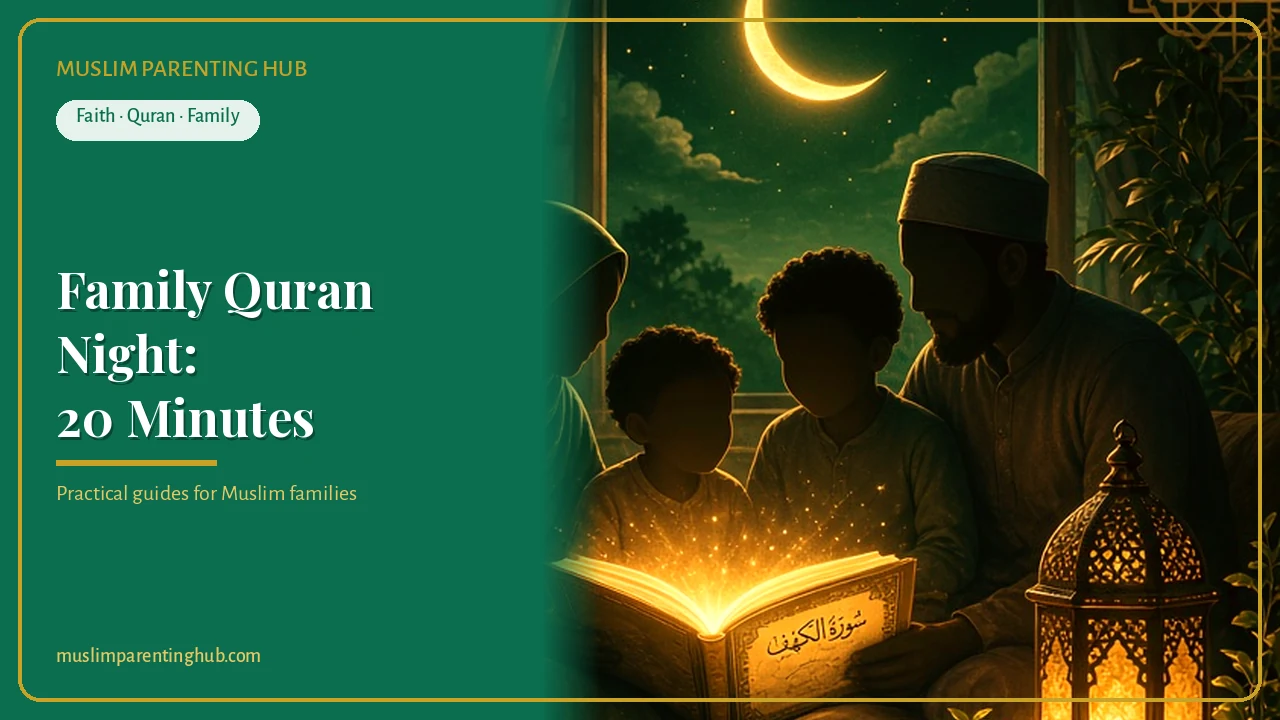 A Muslim family gathered for a warm evening Quran listening moment — cover