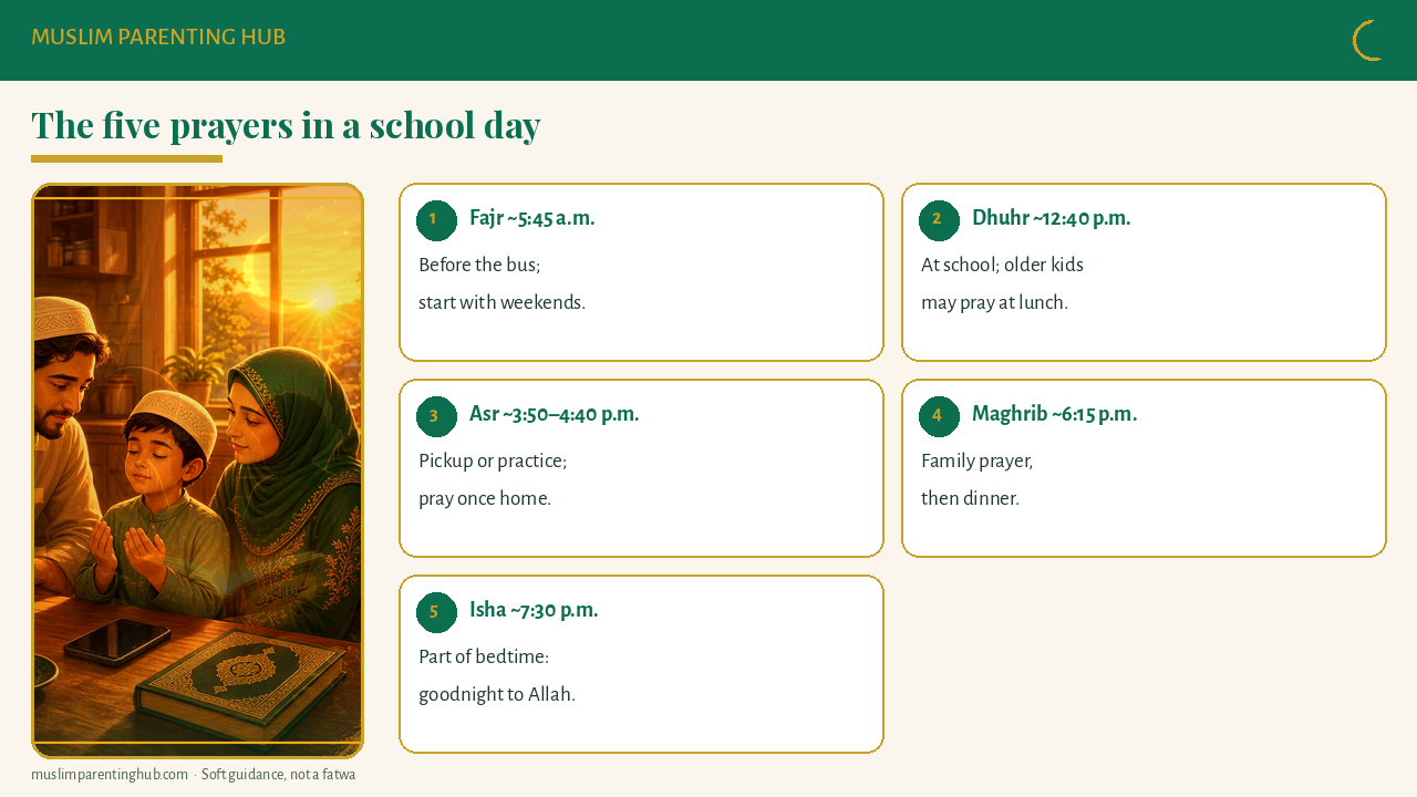 The five daily prayers in a US school day for kids