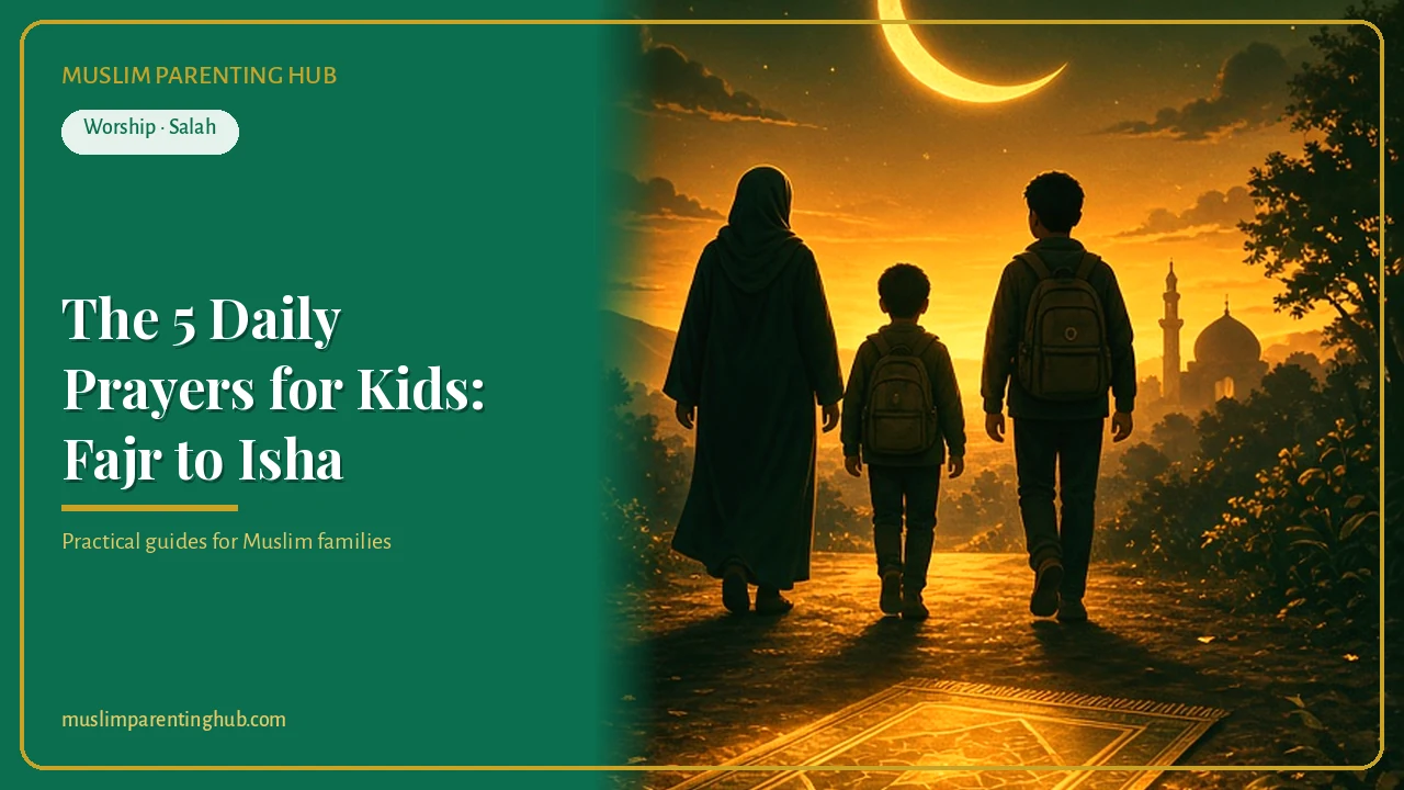 Muslim family walking toward the sunset for Maghrib at golden hour — cover