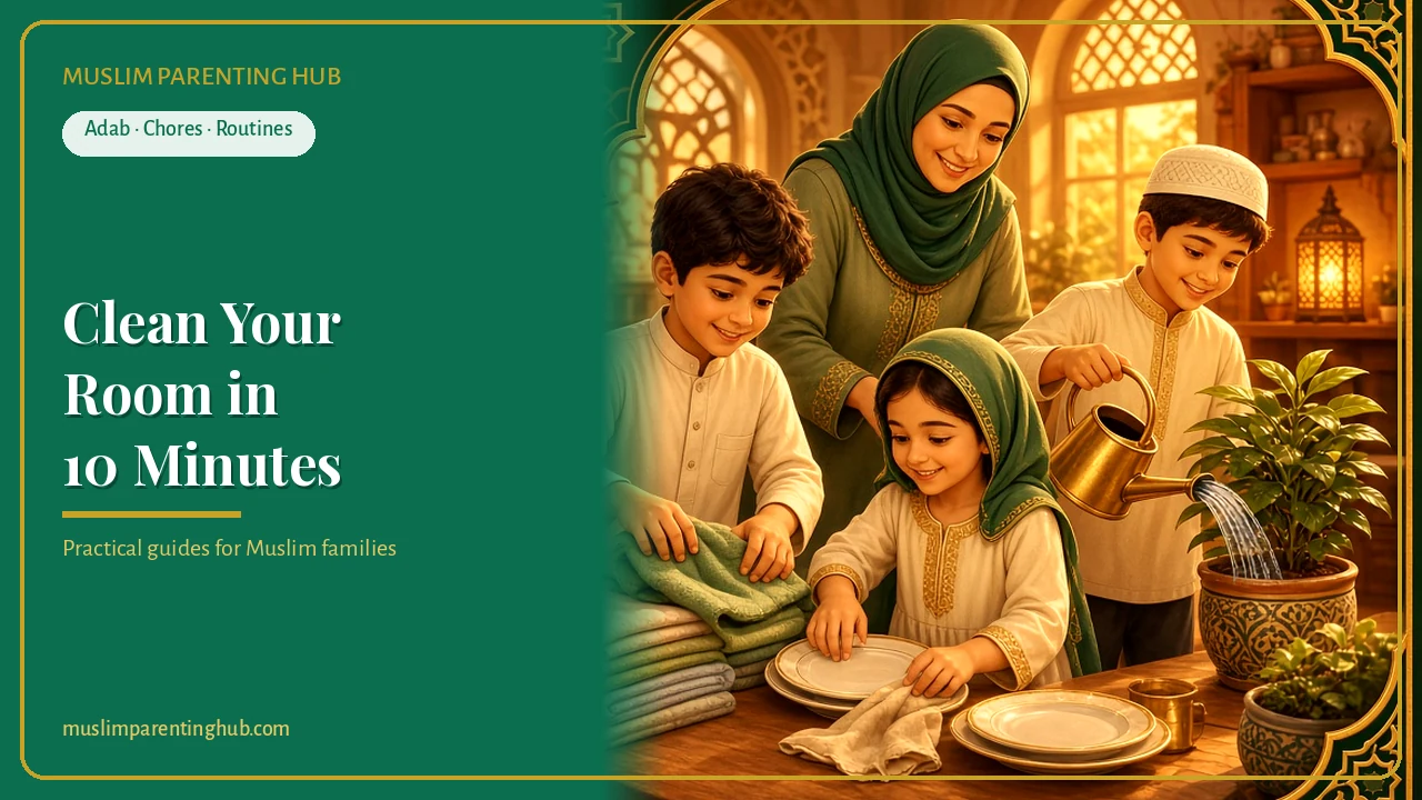 A Muslim father and children tidying up together at home in warm evening light — cover