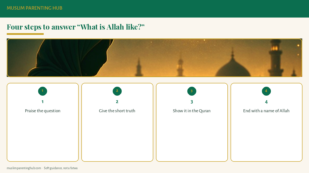 Four steps to answer kids’ questions about what Allah is like: praise, short truth, Quran, name of Allah