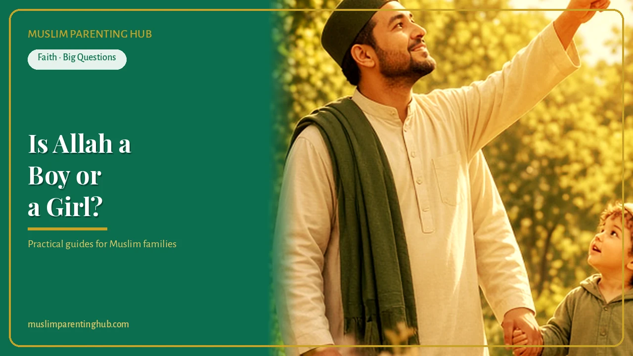 Muslim father and child looking up at the evening sky, wondering about Allah