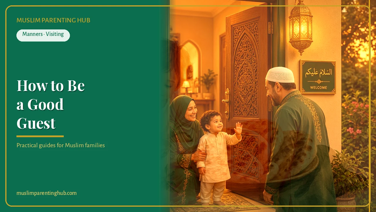 Muslim child waving salam to a host at the front door on a family visit