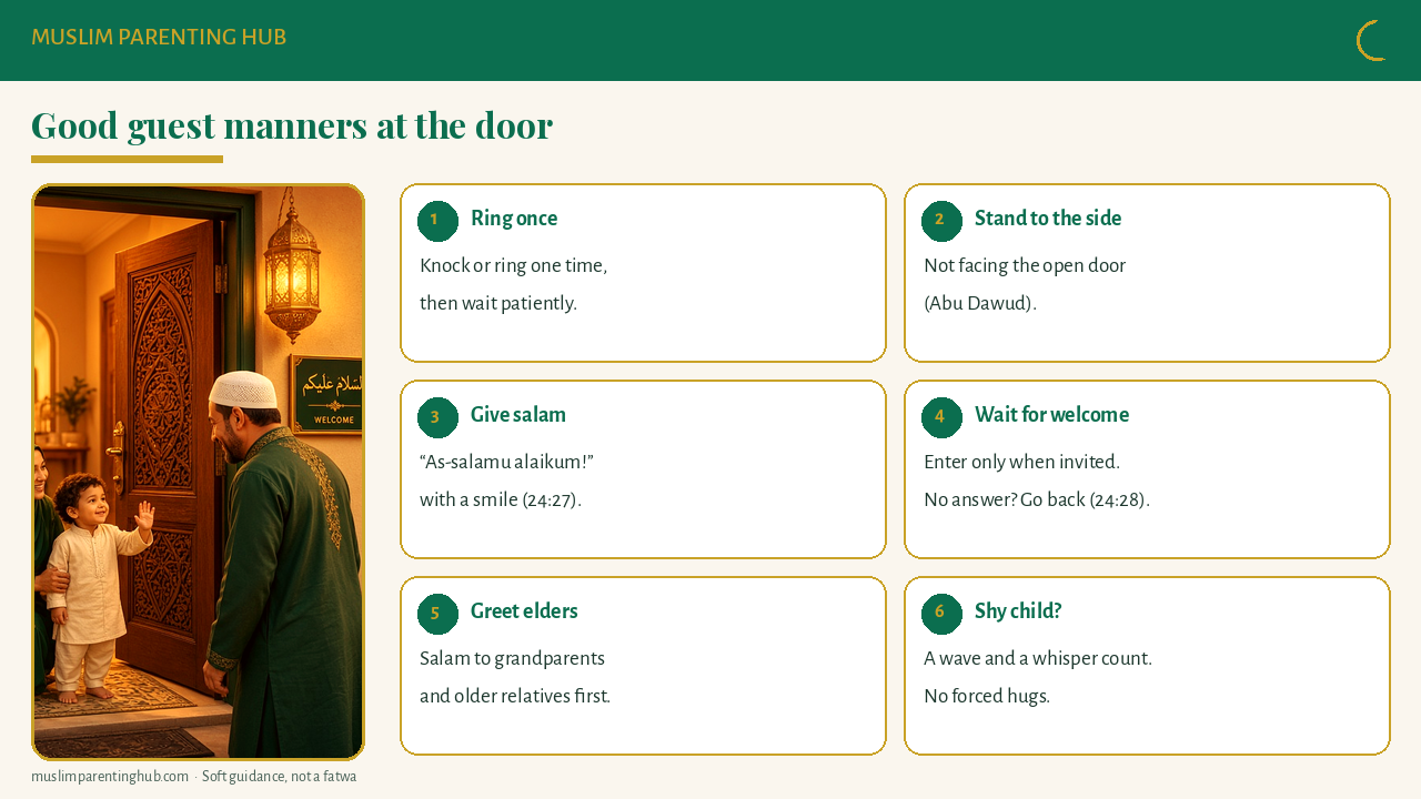 Islamic manners for kids at the door: one knock or ring, stand to the side, give salam, wait for permission