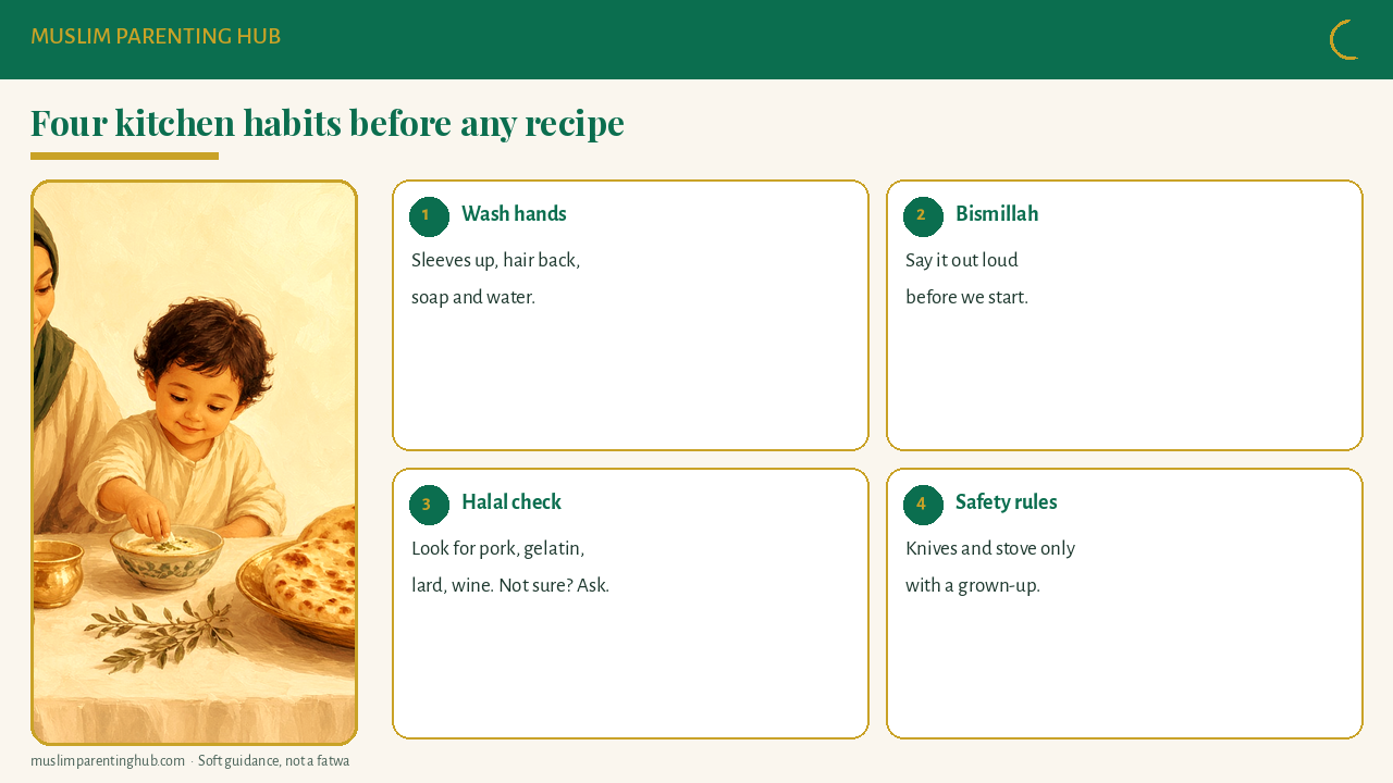 Kitchen habits and safety rules for Muslim kids