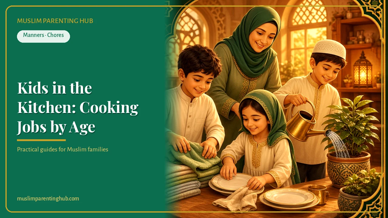 Muslim kids helping in the kitchen at golden hour — cover