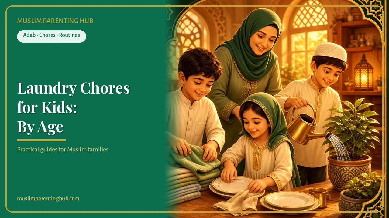 A Muslim parent and child folding laundry together in a bright tidy room — cover