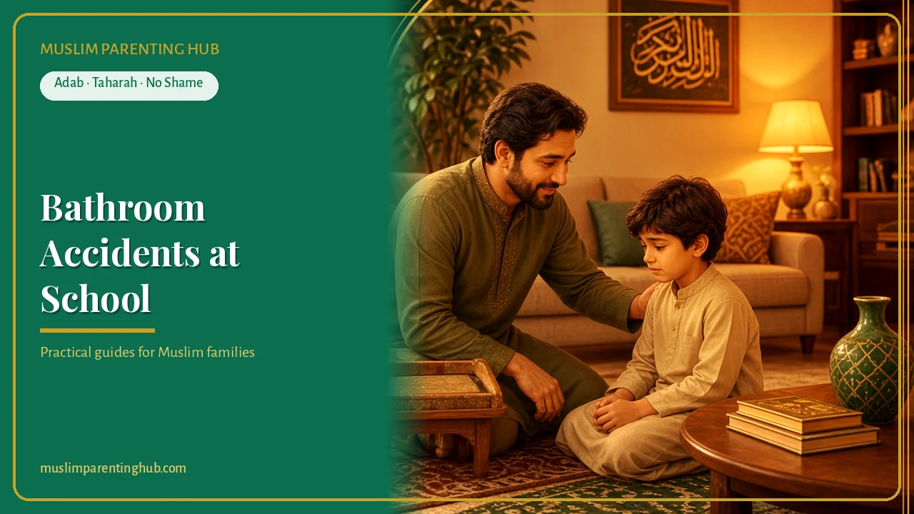 Muslim father calmly talking with his son at golden hour — cover