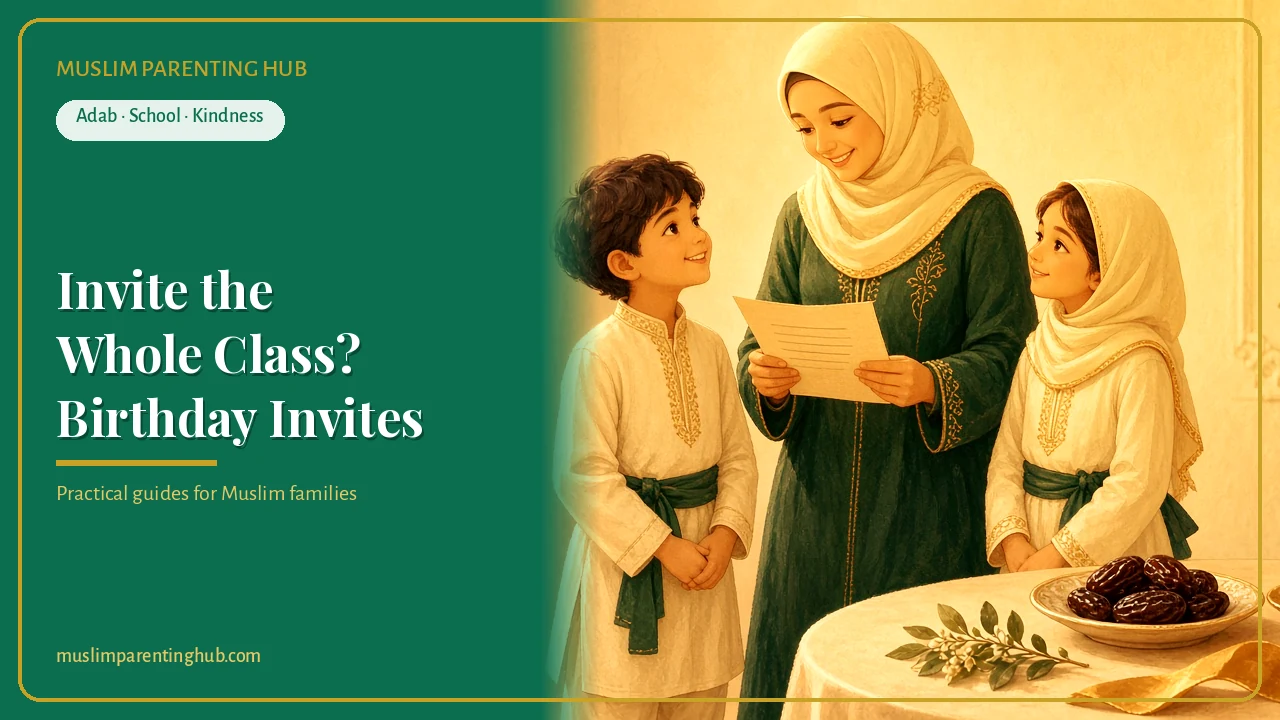 Muslim mother reading an invitation with her two children in a sunlit living room — cover