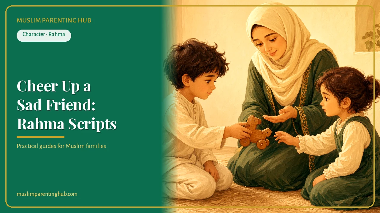 Muslim children comforting each other with their mother on a cozy living room floor — cover