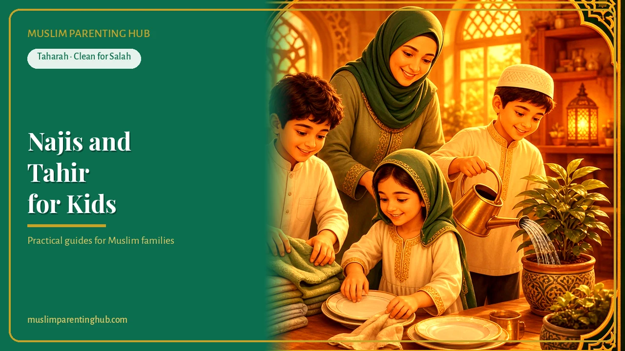 Muslim family at home teaching children about clean and unclean for salah