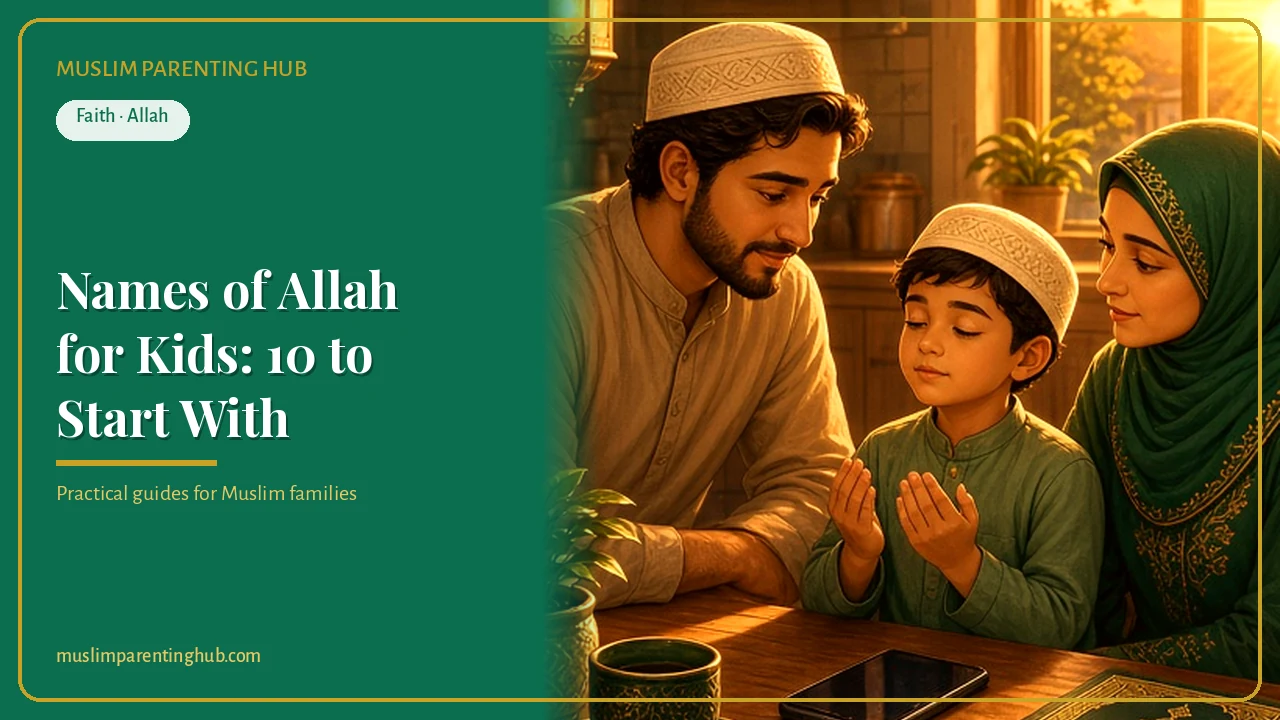 Muslim father and child looking at the sky to learn the Names of Allah at golden hour — cover