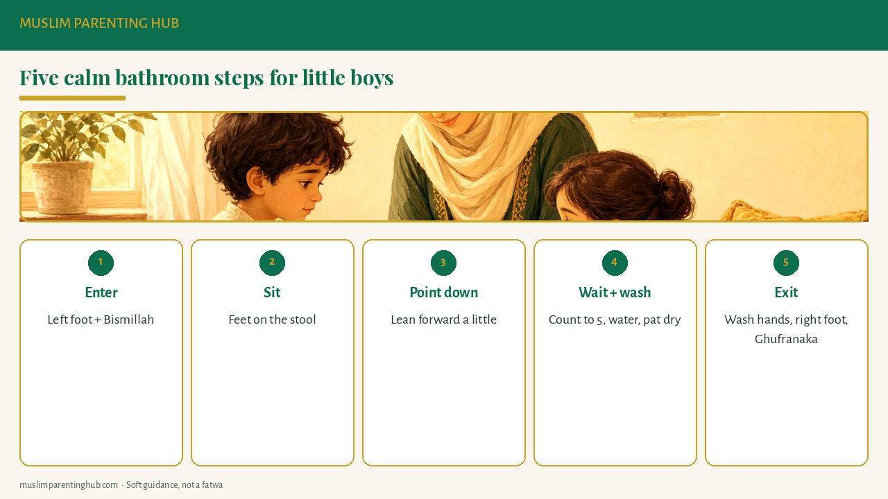 Five gentle bathroom steps for little Muslim boys: enter, sit, point down, wait and wash, exit with dua