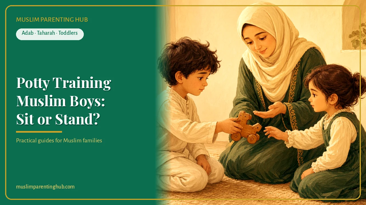A Muslim mother kneeling to talk gently with her little boy and daughter at home in warm golden light — cover
