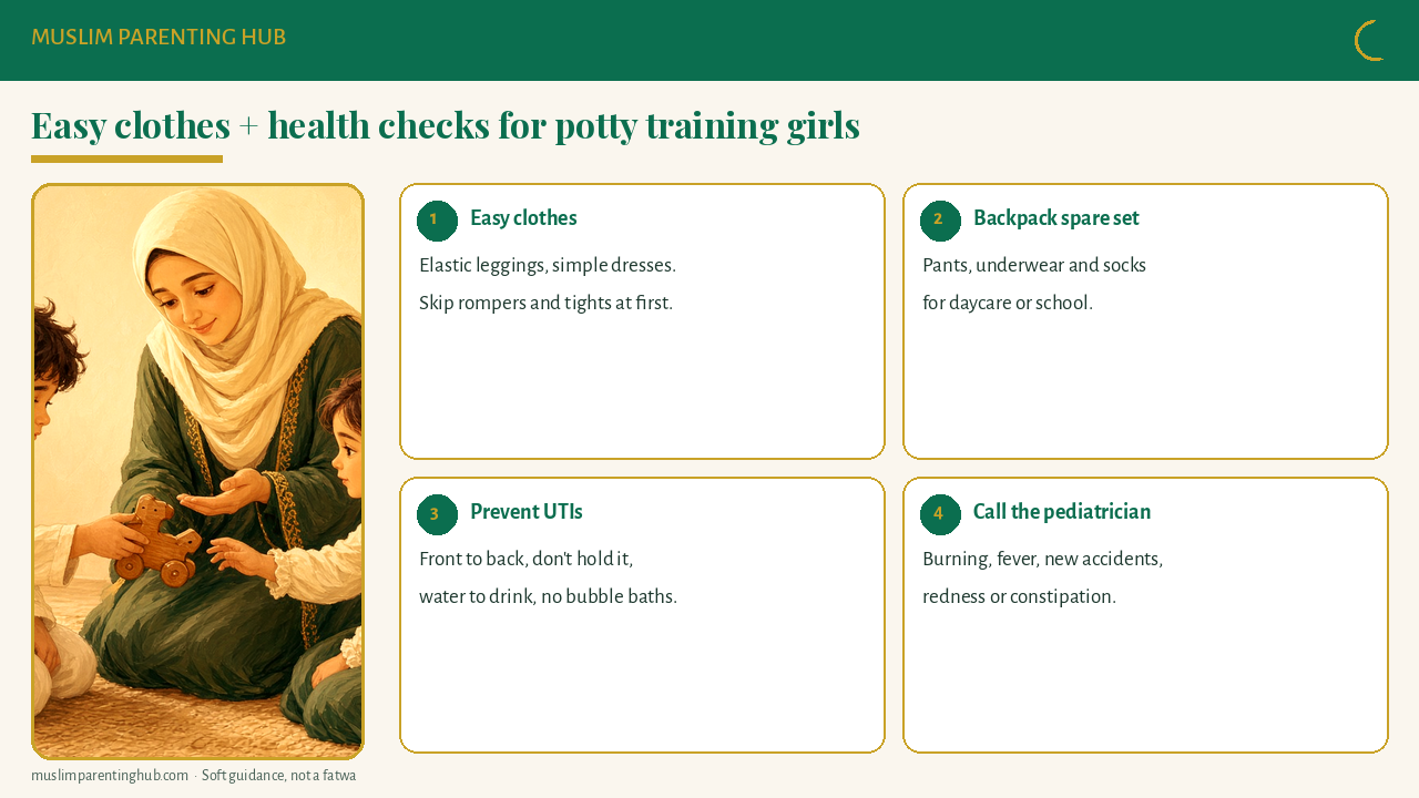 Easy clothes and health checks for potty training girls: pull-down pants, dresses, simple layers and signs to call the pediatrician