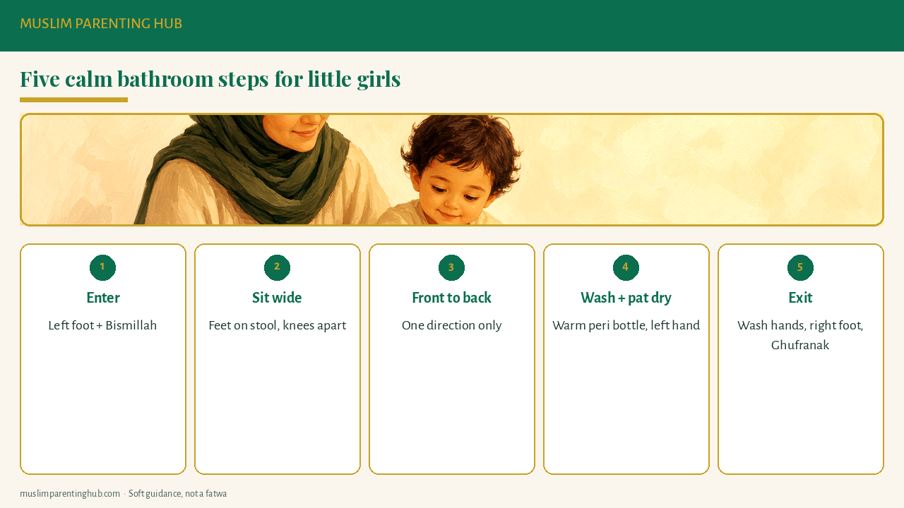 Five calm bathroom steps for little girls: enter with the dua, sit wide, wipe front to back, wash and pat dry, then exit