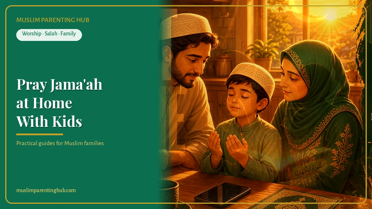 A Muslim father, mother and son raising their hands in dua together at home in warm sunset light — cover