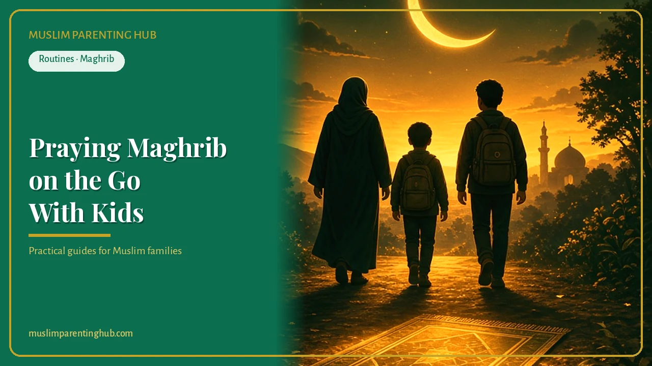 Praying Maghrib on the go with kids at dusk — cover
