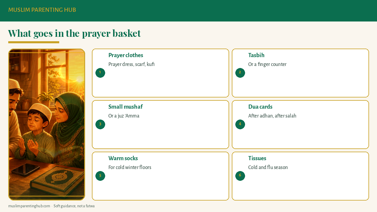 What to keep in a kids' prayer basket: rugs, prayer clothes, a kufi or scarf, tasbih, a small mushaf and dua cards