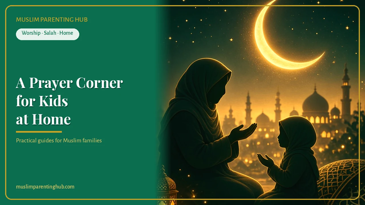 A Muslim mother and child praying together by a window at dusk with a crescent moon outside — cover