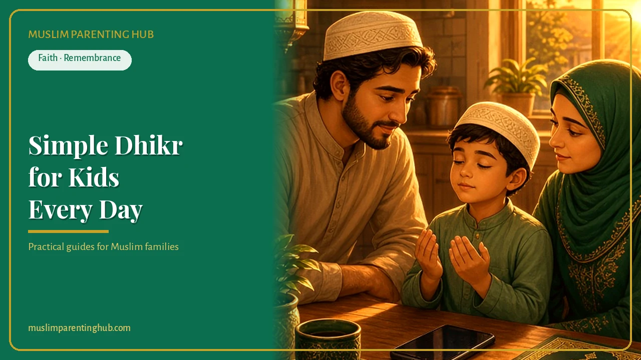 A Muslim family raising their hands in remembrance of Allah in warm evening light — cover