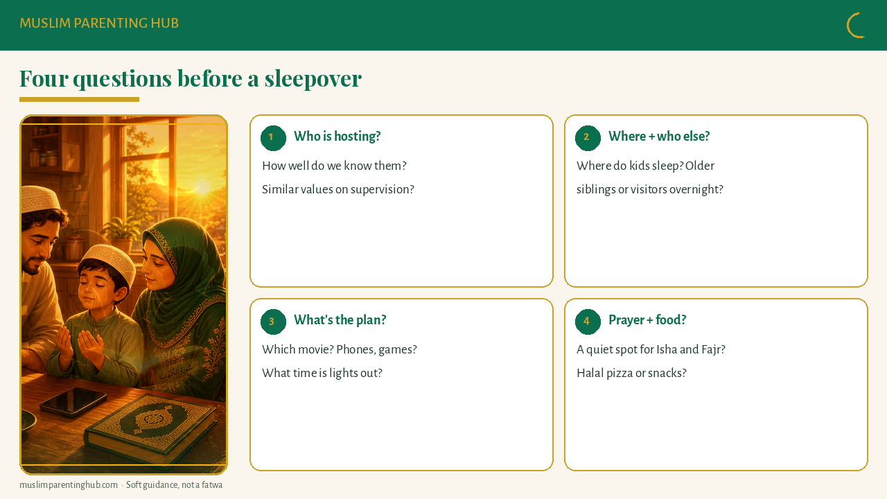 Four questions Muslim parents can ask before a sleepover: who, where and who else, what happens, and prayer and food