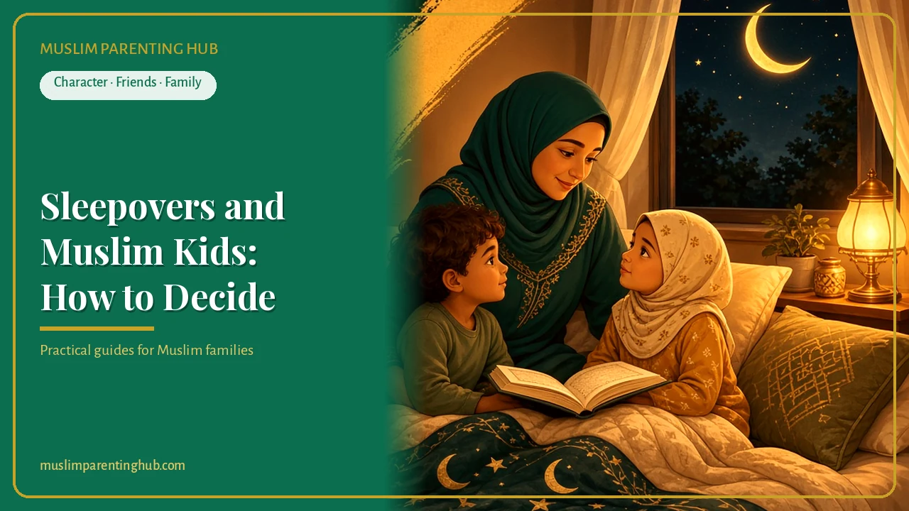 A Muslim mother reading a story with two children on a cozy bed at night with a crescent moon outside — cover