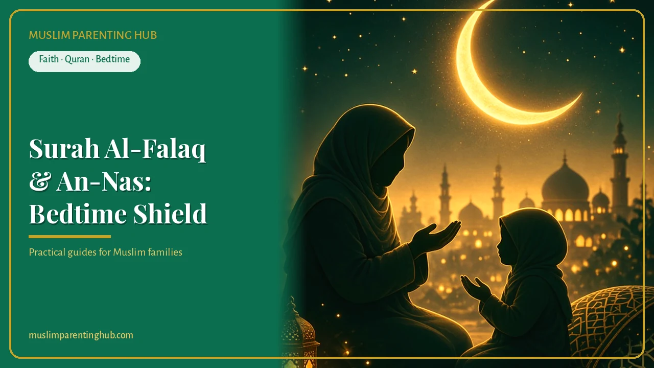 A Muslim parent and child making dua at bedtime under soft moonlight — cover