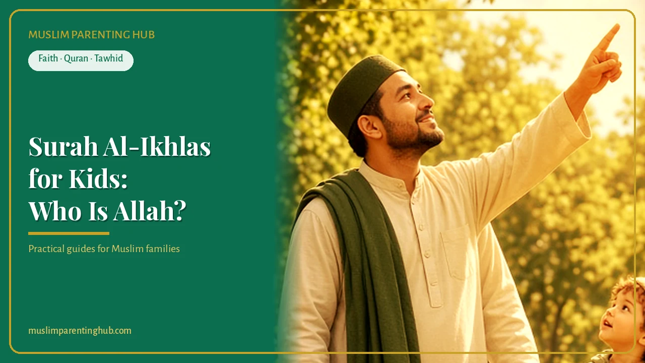 A Muslim father pointing up at the sky while his young child looks up beside him in a sunlit garden — cover