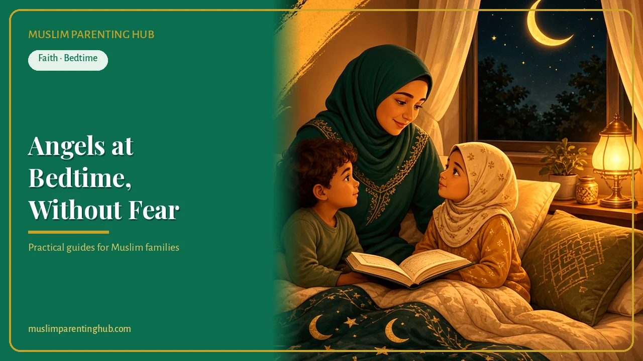 Muslim mother reading to her children at bedtime under a crescent moon — cover