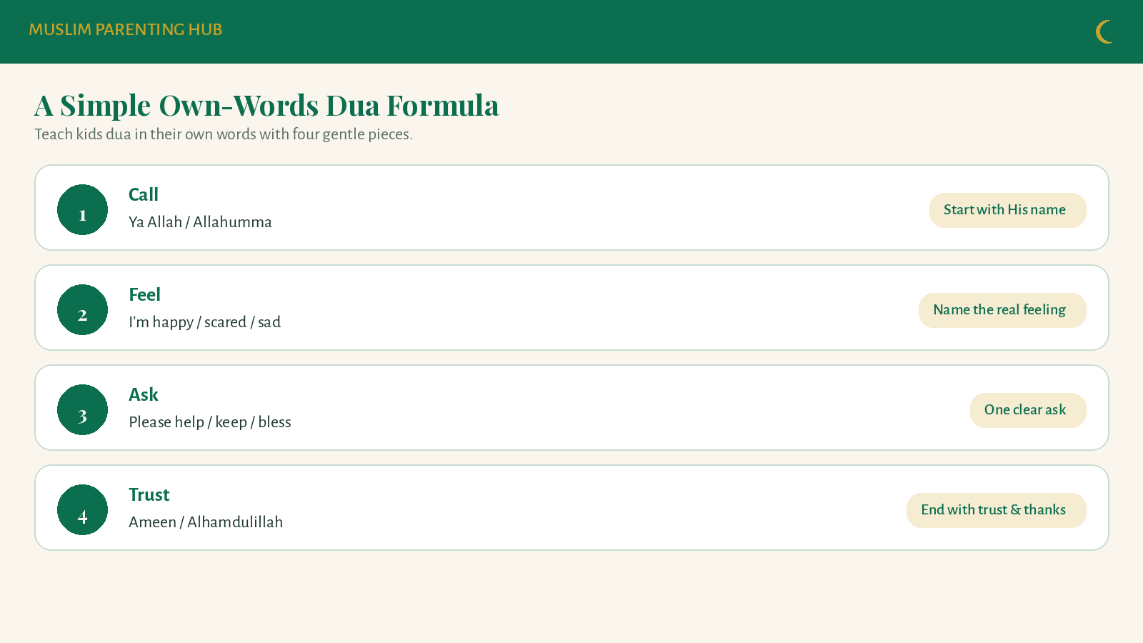 A simple own-words dua formula: Call, Feel, Ask, Trust