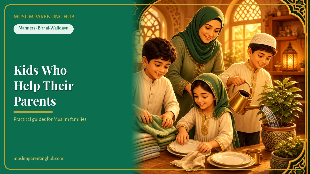 Muslim mother and children helping at home, setting the table, folding towels and watering plants