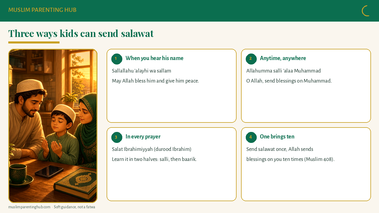 Three ways kids can send salawat: the short reply, the everyday salawat and the full Salat Ibrahimiyyah