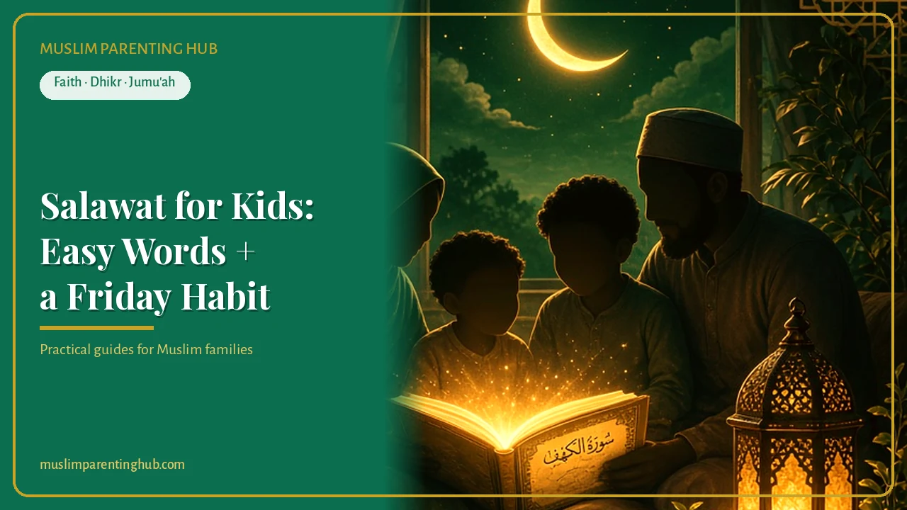 A Muslim family gathered by lantern light on a Friday evening under a crescent moon — cover