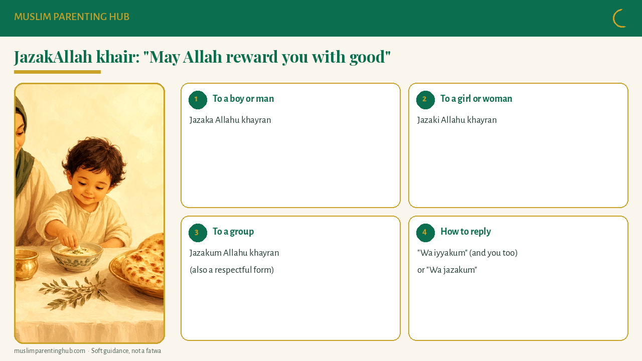 JazakAllah khair for kids: meaning, forms for a boy, girl or group, and how to reply