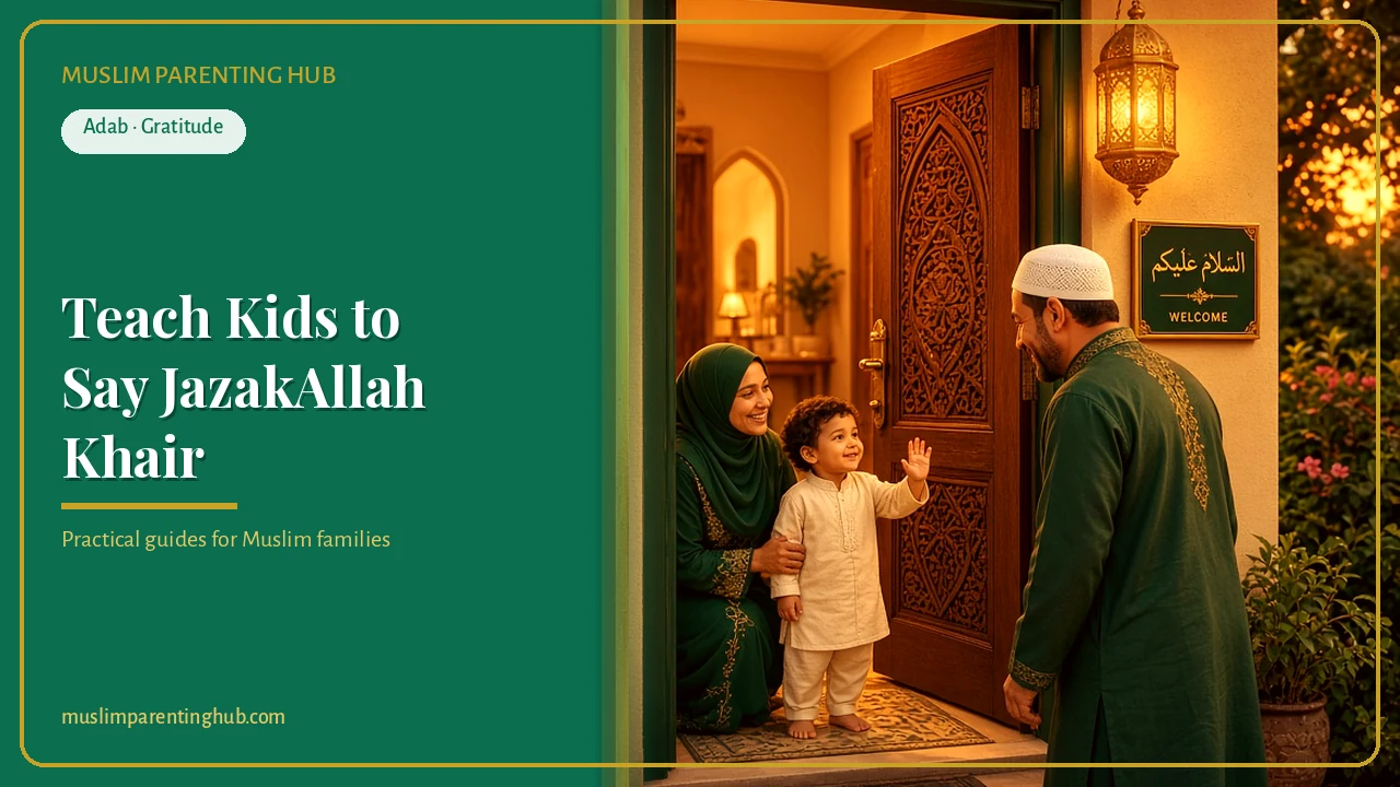 A Muslim father and child greeting a guest warmly at the front door at dusk — cover