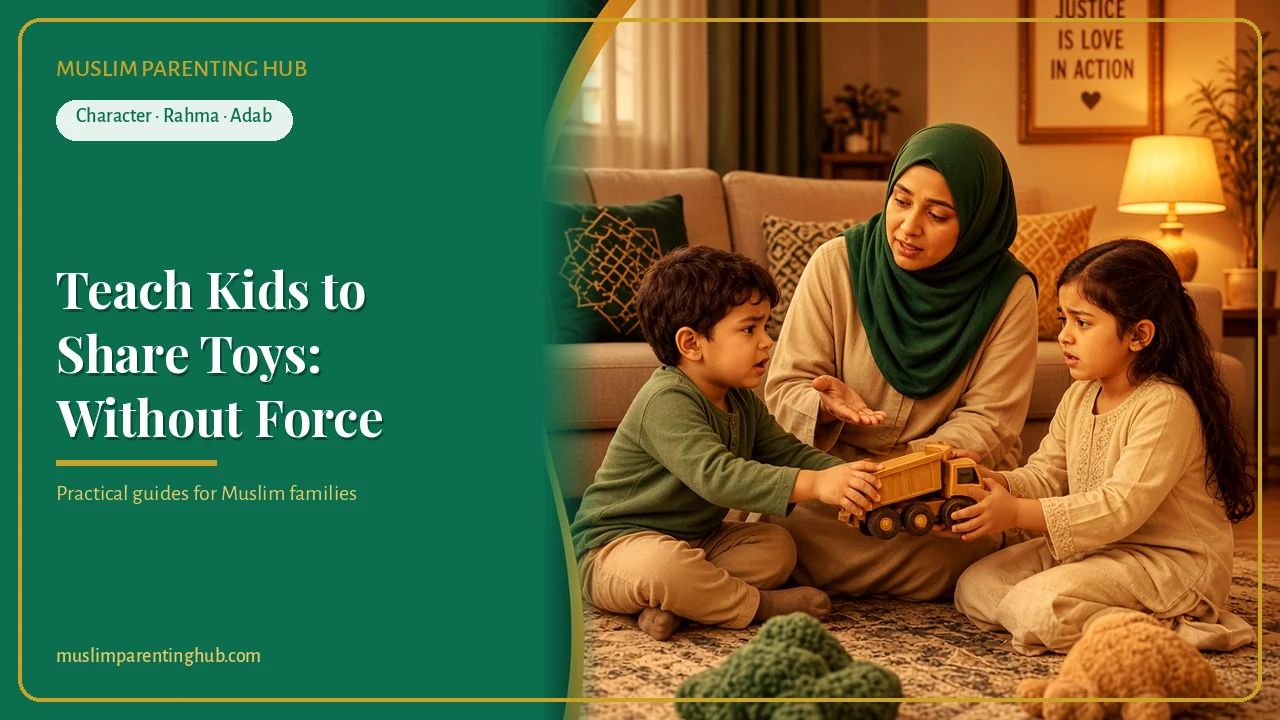 Muslim children playing together with toys in a warm living room — cover
