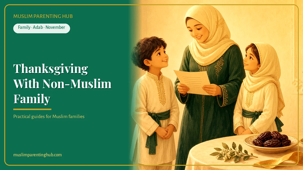 A Muslim mother sharing a note with her two children beside a festive table in warm golden light — cover