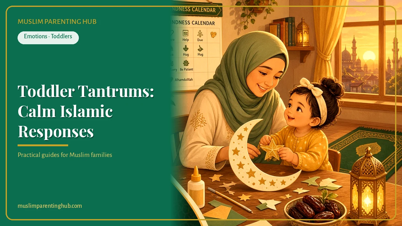 Muslim mother calmly comforting her toddler at golden hour — cover