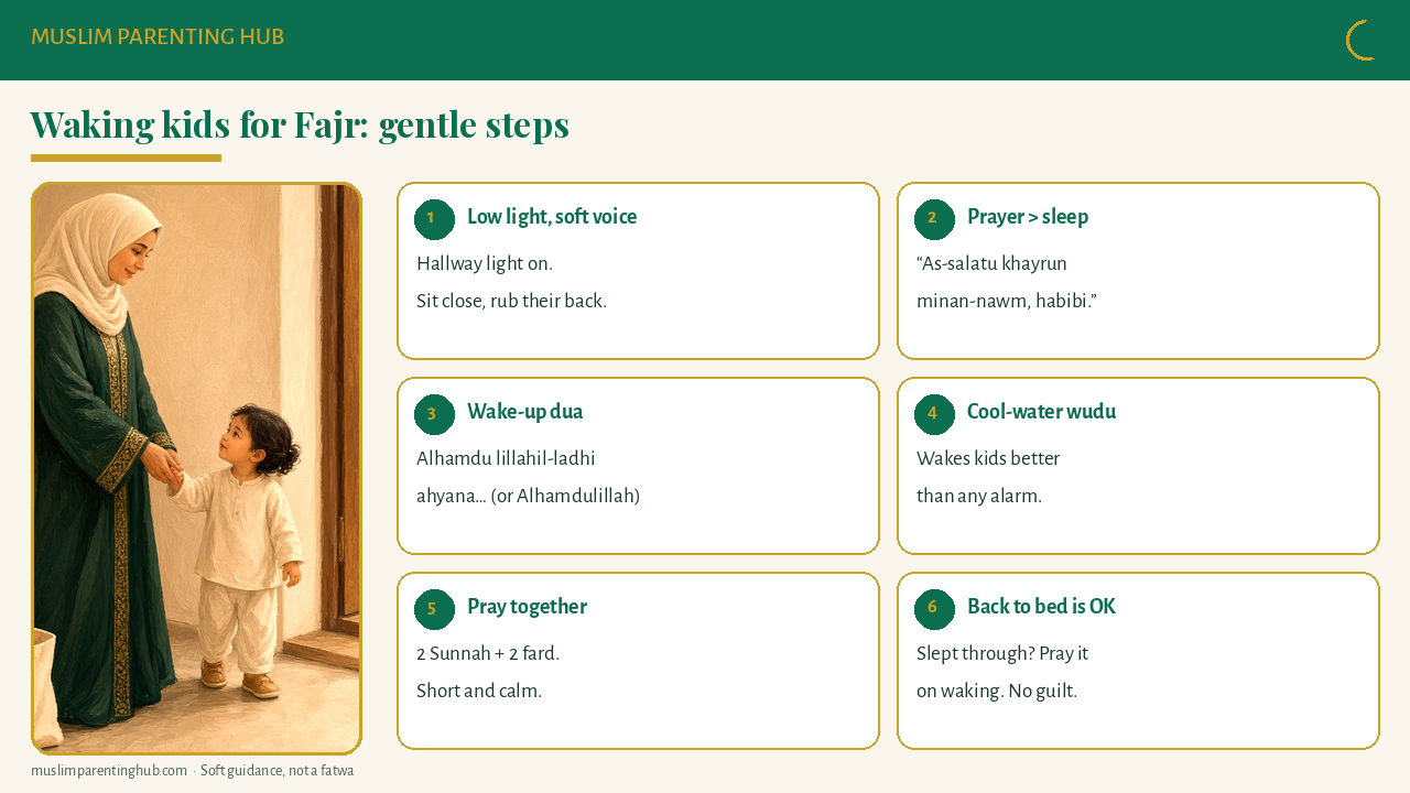Gentle Fajr wake-up steps for kids: lights low, soft voice, wake-up dua, cold water, two rak'ahs, back to bed
