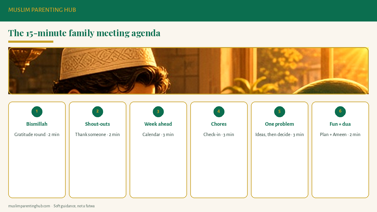 The 15-minute family meeting agenda: Bismillah and thanks, calendar, chores, one problem, fun plan and dua